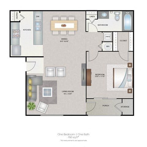 Floor plan for 1 bed, 1 bath, 760 sqft